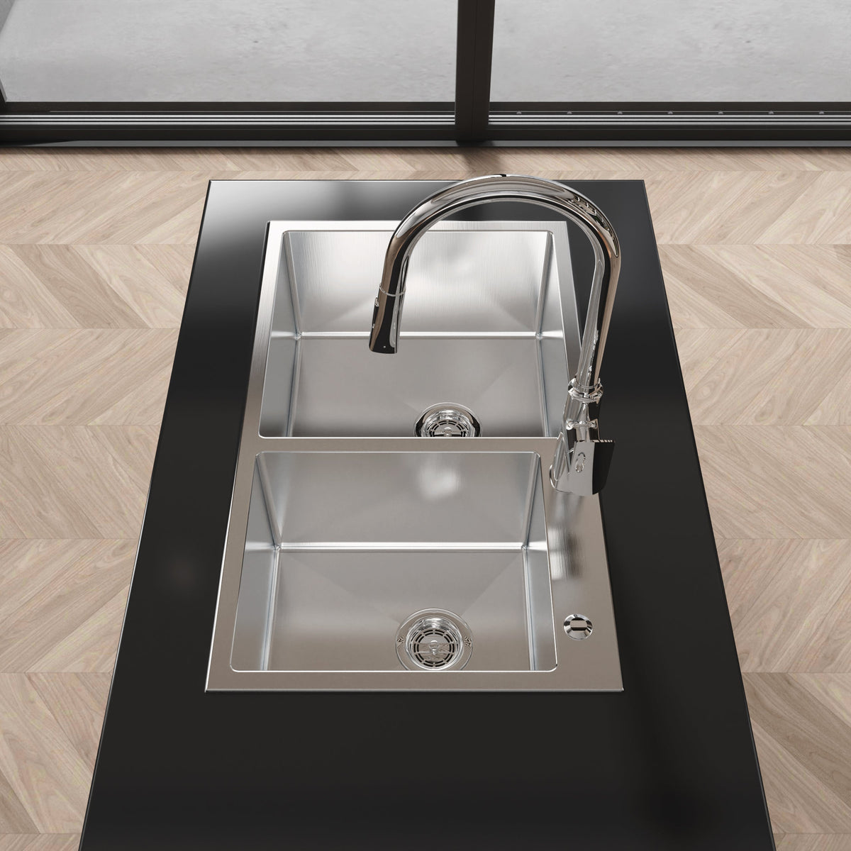 Stainless Steel Kitchen Sink, 32″x19″ Double Bowl in Brushed Nickel, Overmount Handmade Sink, with US Standard Drain and Hook, LS-SSBR03