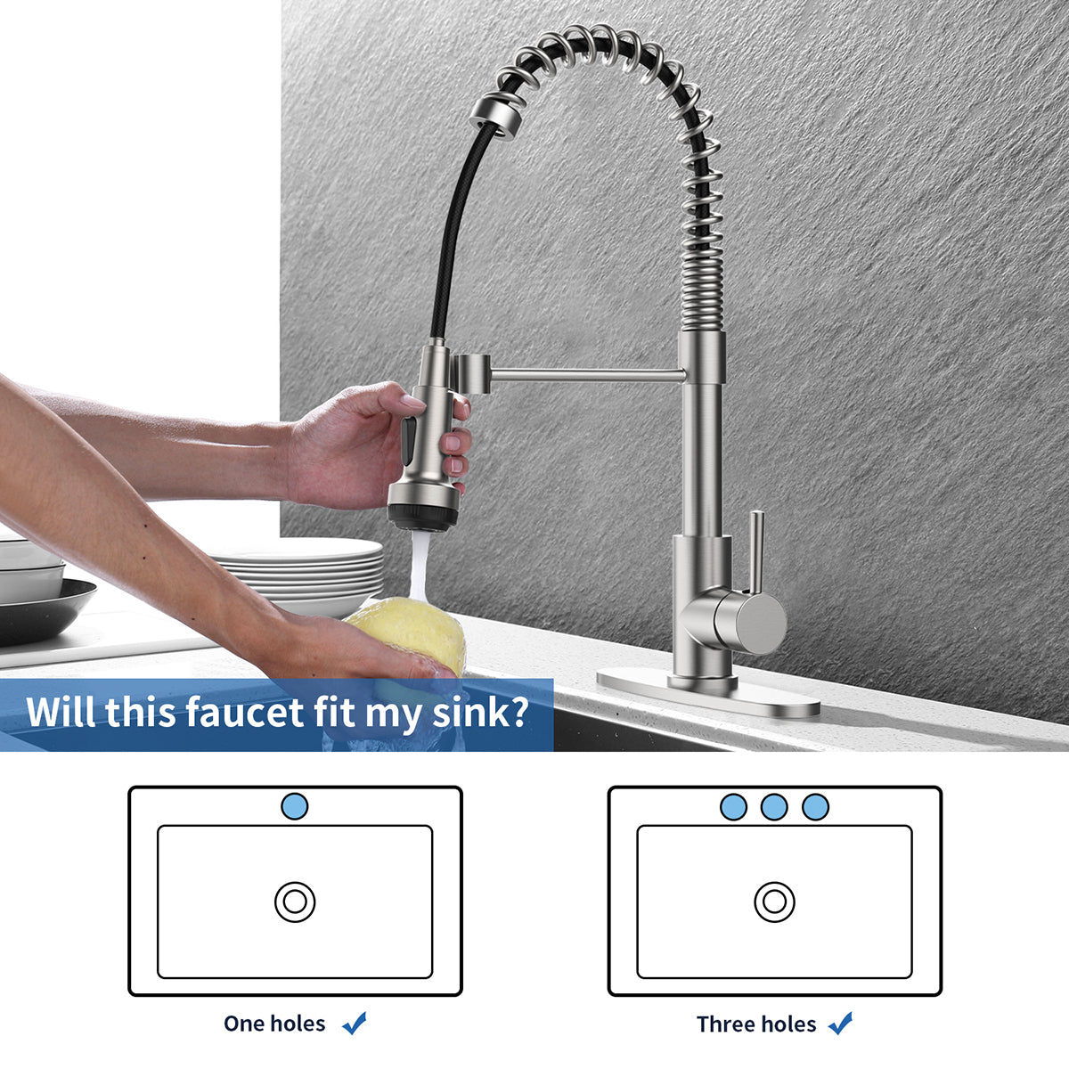 Kitchen Faucet with Pull Down Sprayer and 4 Spraying Modes Single Handle Commercial Spring Kitchen Sink Faucet Brushed Nickel 1 or 3 Hole