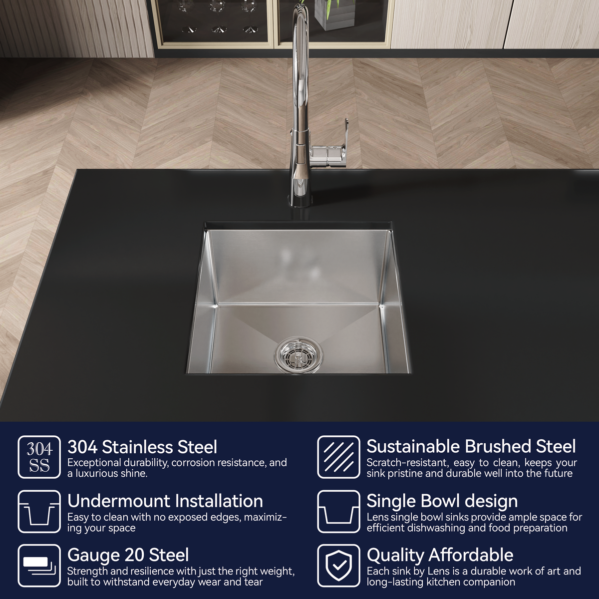 Stainless Steel Kitchen Sink, 18″x18″ Single Bowl, Undermount HandmadeSink in Brushed Nickel, with US Standard Drain and Hook, LS-SSBR07