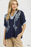 Umgee Embroidered Floral V-Neck Short Sleeve Blouse with Contrast Trim