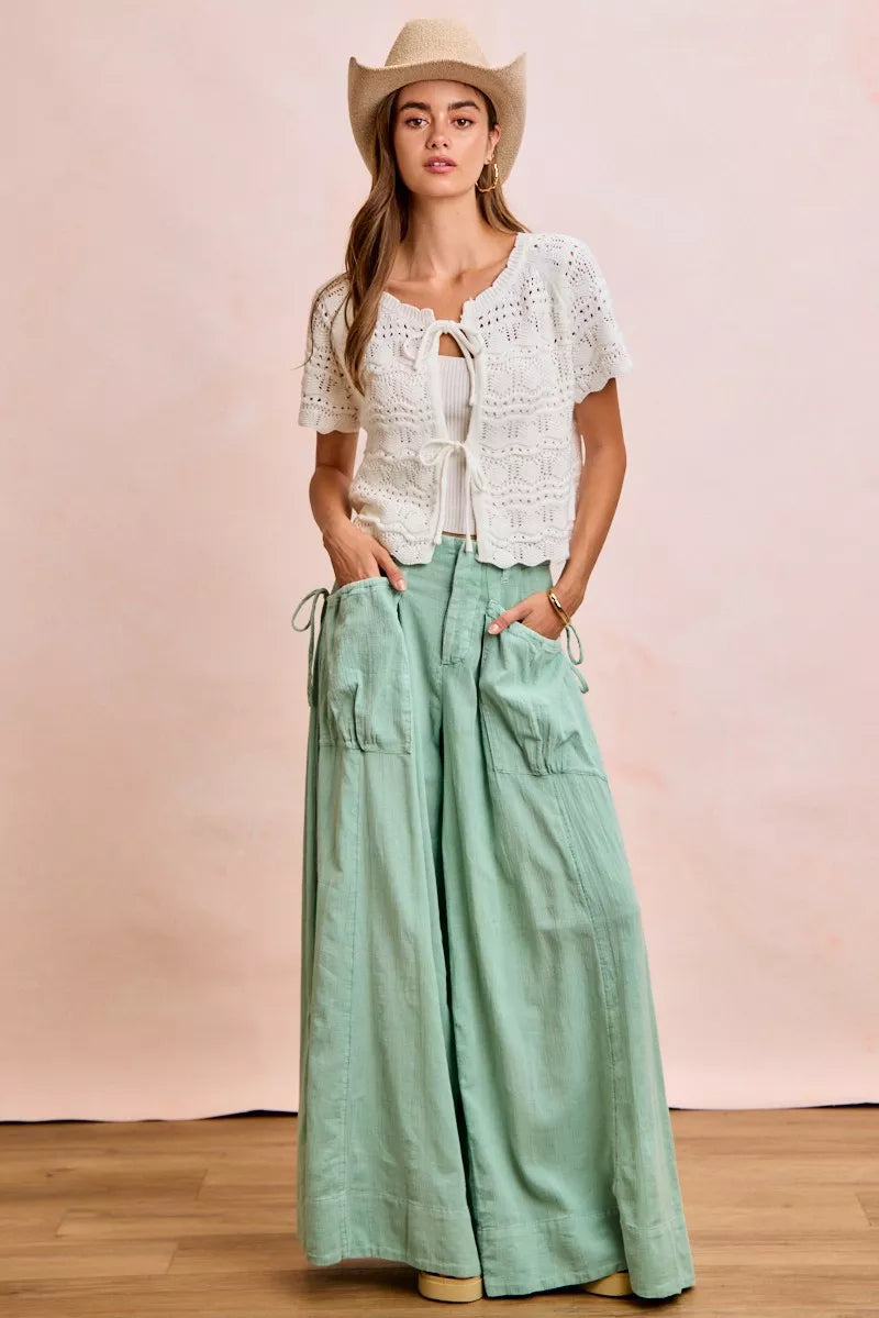 BiBi Front Bow Tie Detail Pointelle Knit Top