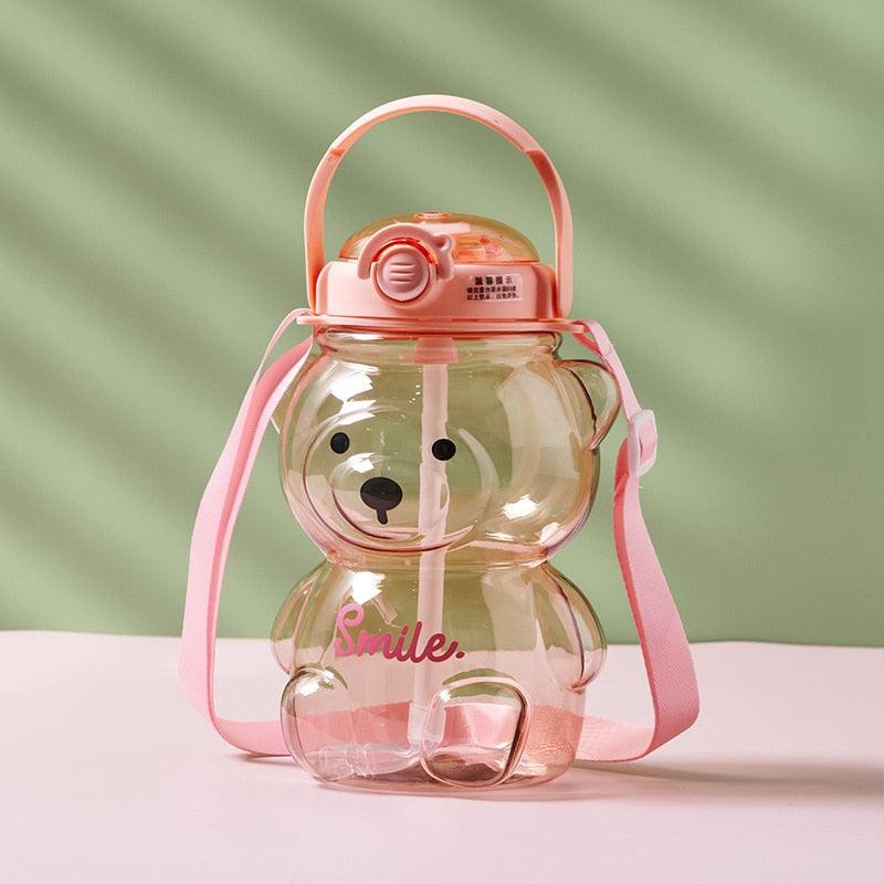 800ML Water Bottle for Kids with Straw Mug Cup Bear Summer Outdoor Sport Plastic Girls School Cute Drinking Cup Bear Water Bottle with Straw and Strap Cute Water Bottles for Kids Drinking Water Bottles Portable Leak Proof