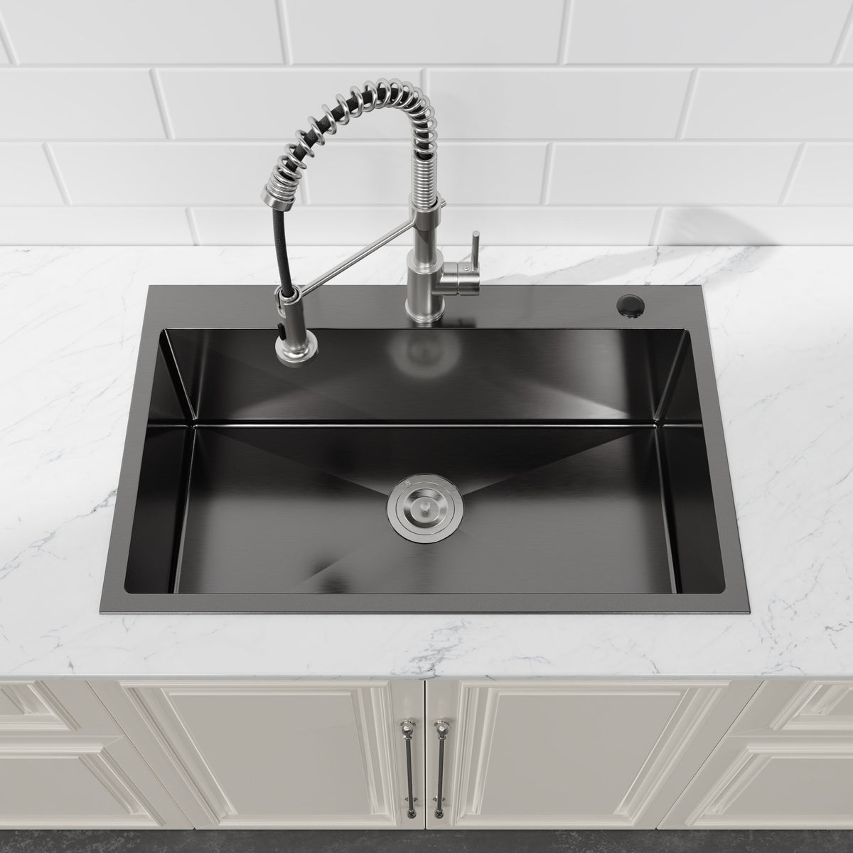 Stainless Steel Kitchen Sink, 30″x19″ Single Bowl, Overmount Handmade Sink in Black, with US Standard Drain and Hook