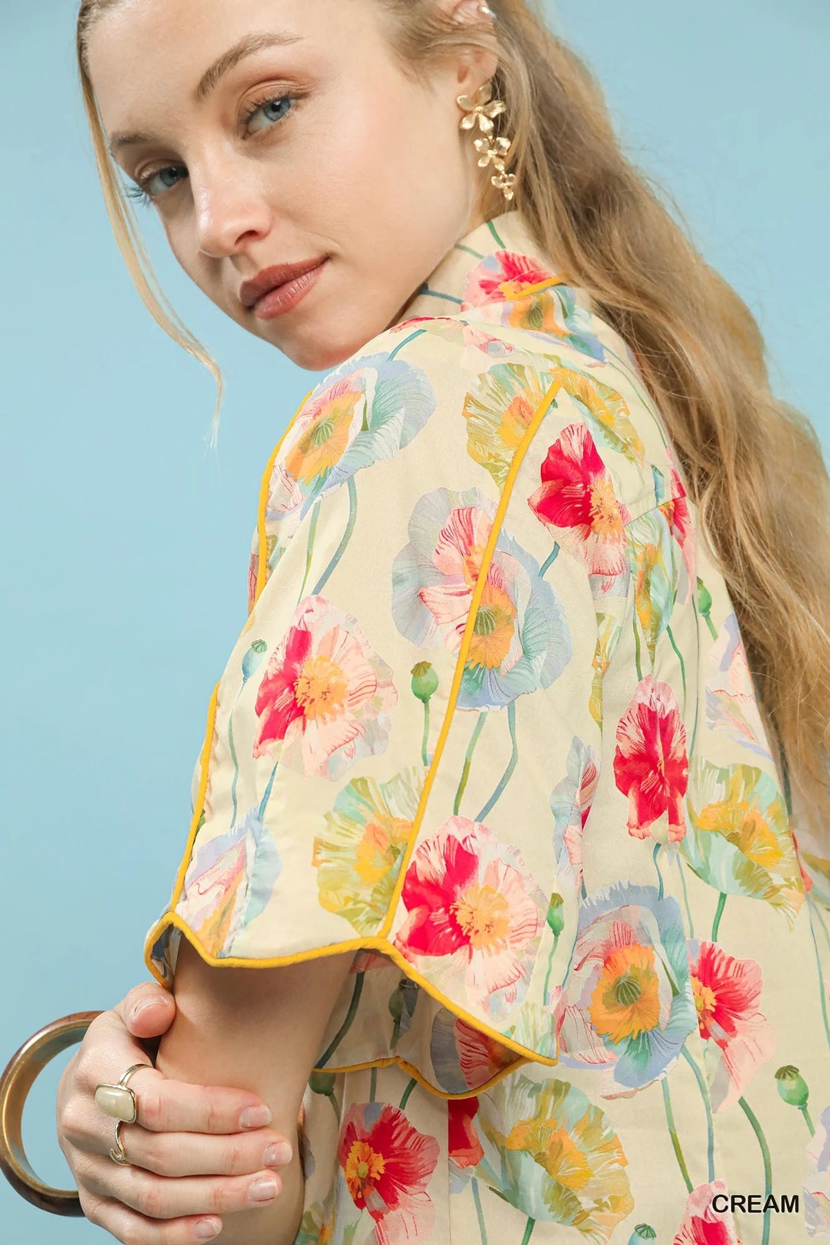 Umgee Floral Print Button-Down Blouse with Flutter Sleeves