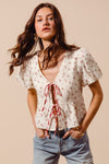 SO ME Ditsy Floral Print Gauze Tie-Front Blouse
