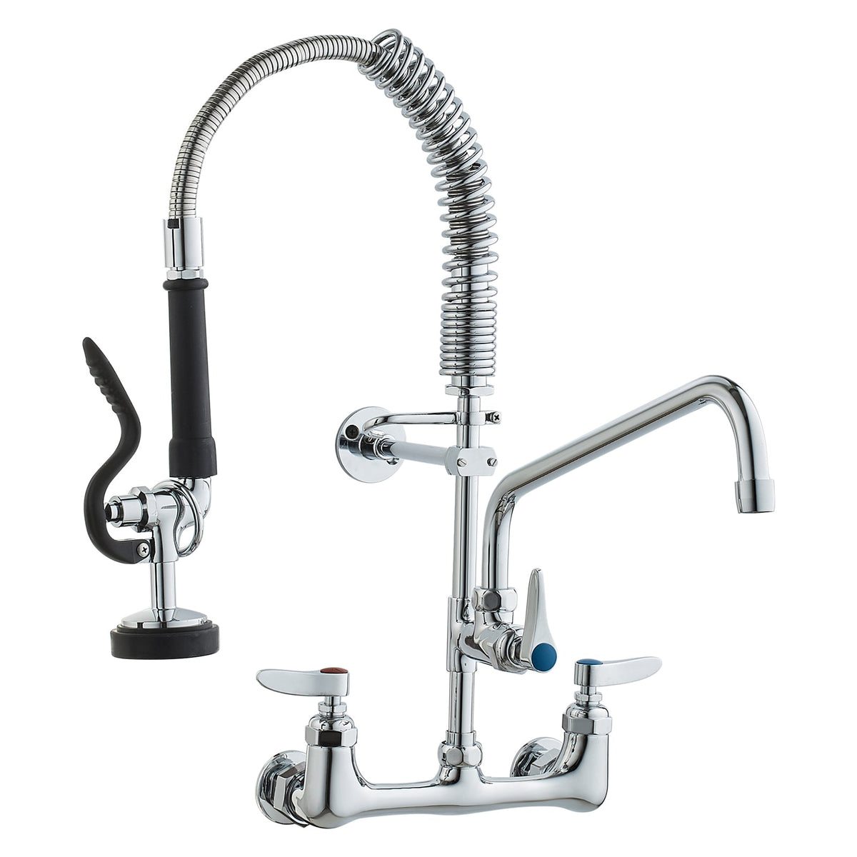Commercial Faucet with Pre-Rinse Sprayer, 21' Height, 8' Center, 12' Swing Spout, Wall Mount Kitchen Sink Faucet, Brass Constructed Device with Pull Down Spray, for 1/2/3 Compartment Sink