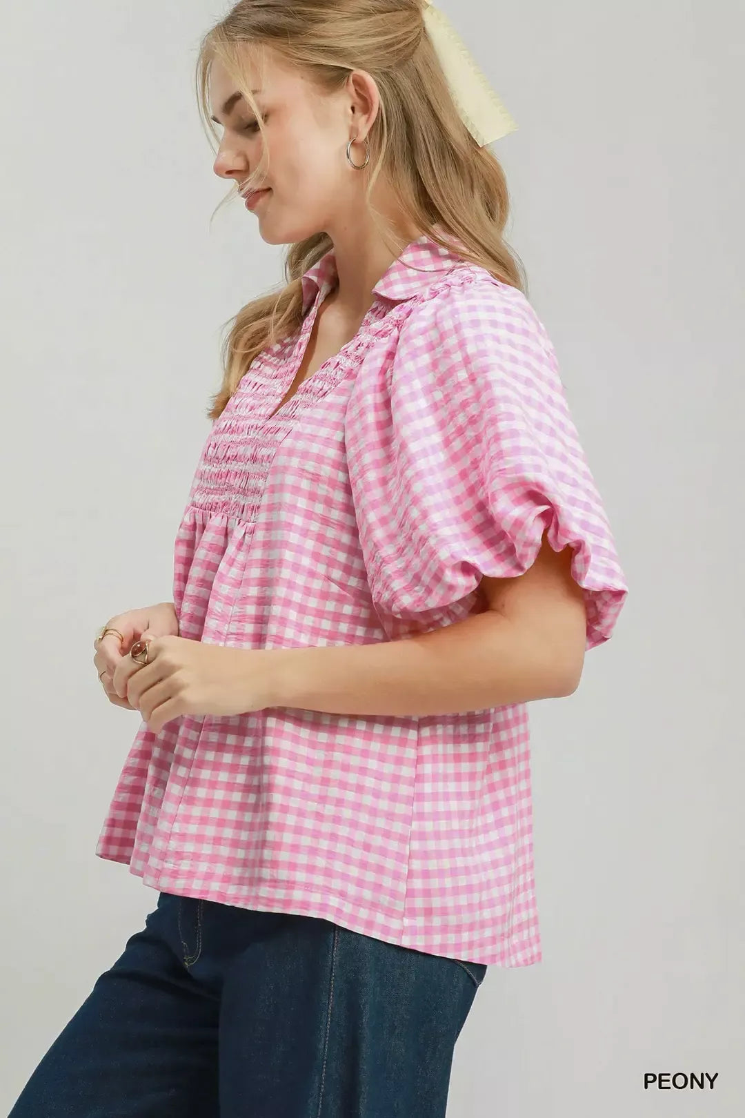 Umgee Smocked Yoke Puff Sleeve Gingham Blouse