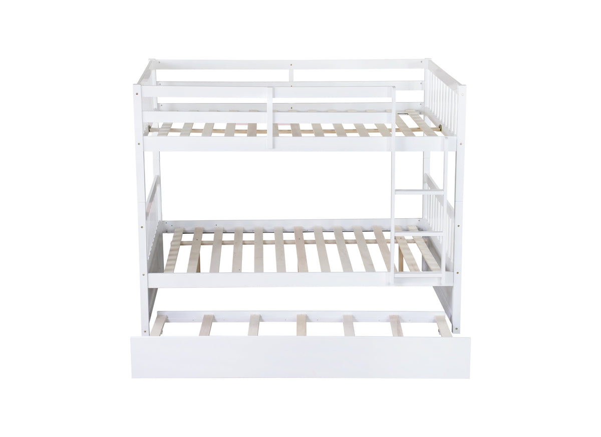 Full Over Full Rubber Wood Bunk Bed with Trundle, Ladder and Guardrails, Convertible to 2 Full Size Beds, with Twin Size Trundle,White
