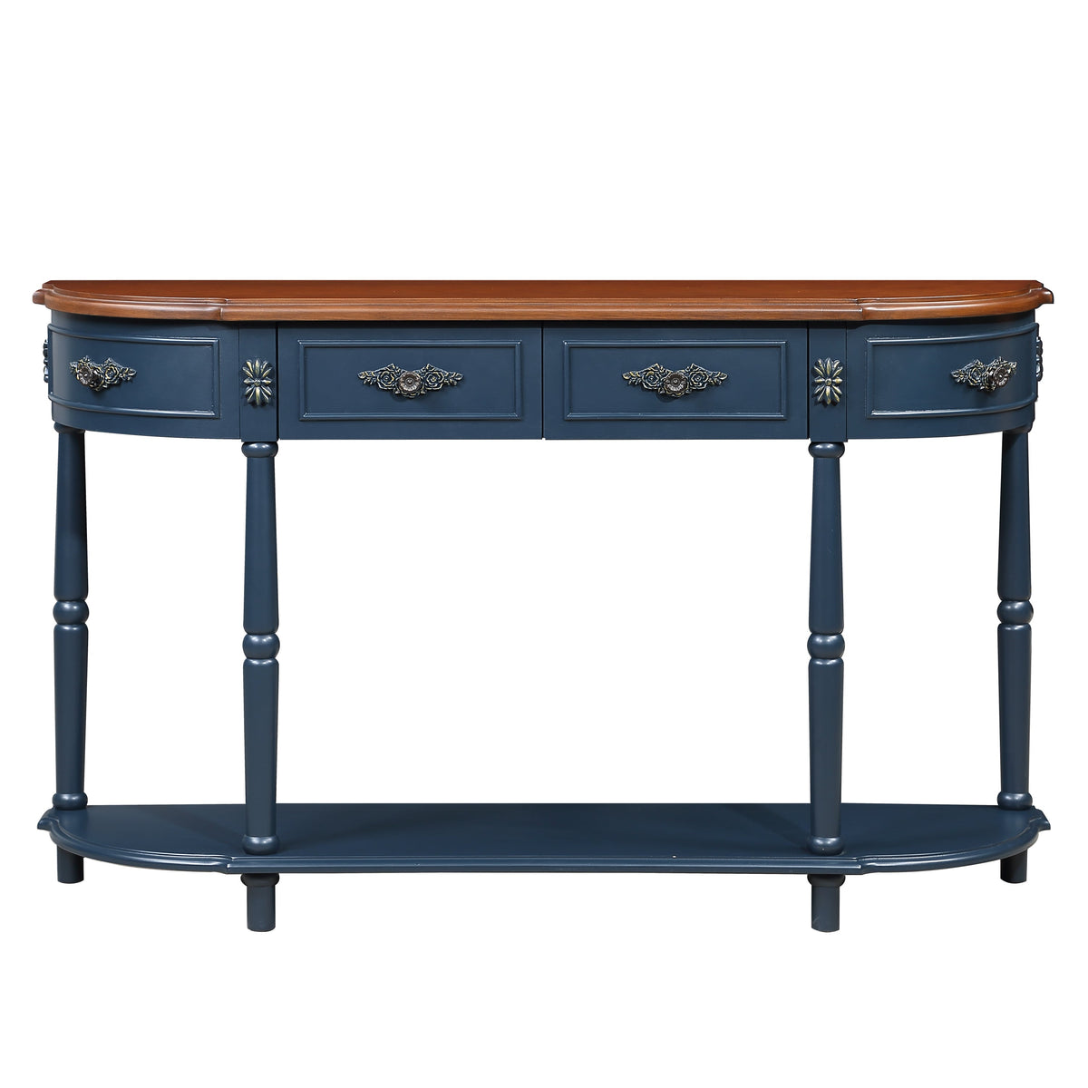 Retro Curved Wood Console Table, 52 inch Circular Half Moon Sofa Table with Open Shelf and 2 Drawers, Solid Wood Entry Table for Living Room, Hallway, Navy Blue + Brown Top