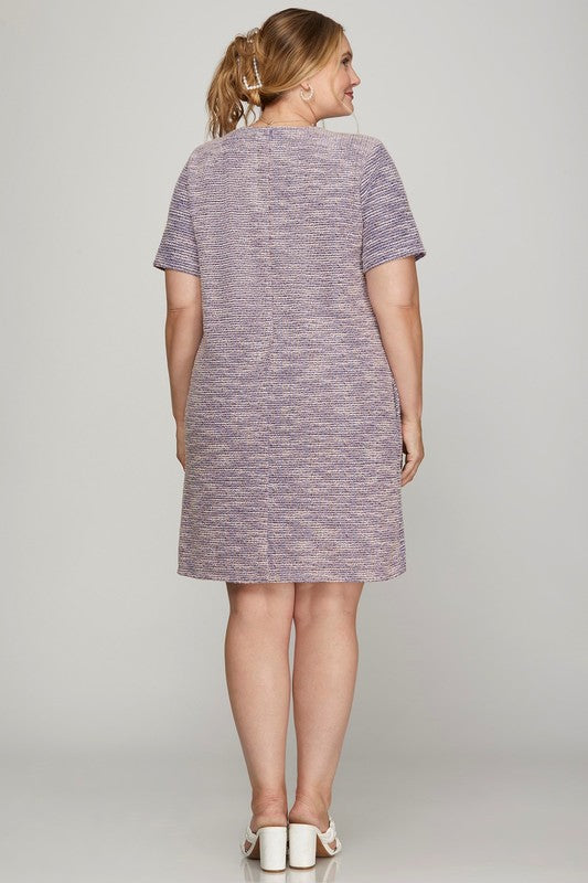 Full Size Short Sleeve Pearl Studded Trim Knit Tweed Dress Plus Size –Elegant and Glamorous Dress with Pearl Detailing for Upscale Events