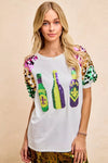 BiBi Sequin Mardi Gras Bottles Spangled Sleeve Top