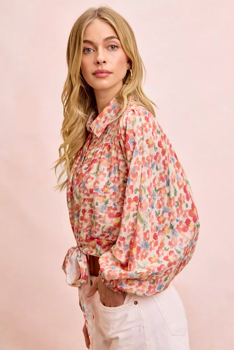 BiBi Floral Print Tie Hem Detail Crop Shirt