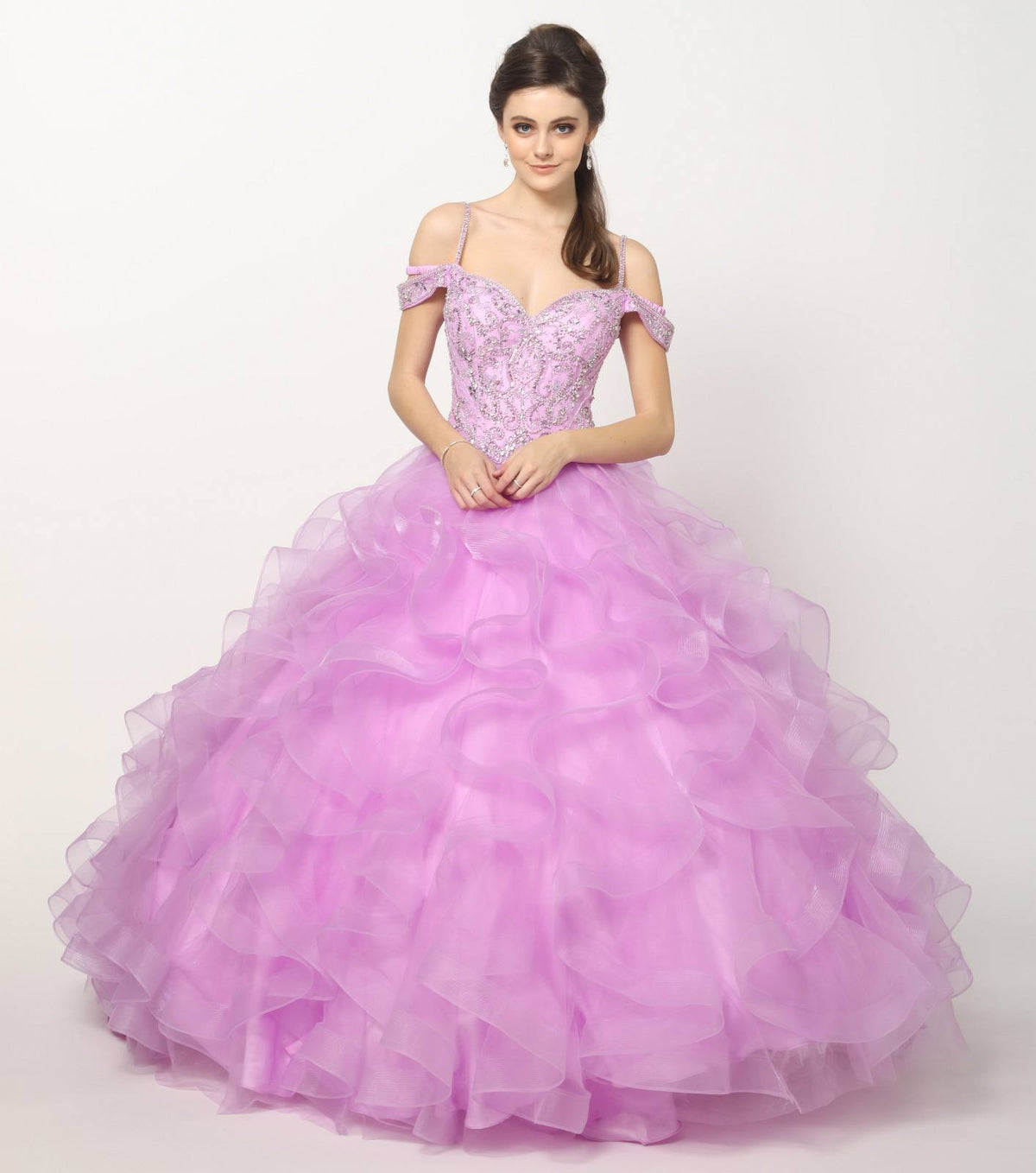 Juliet 1421 Cinderella Ball Gown Ruffled Tulle Cold Shoulder Embroidered Bodice