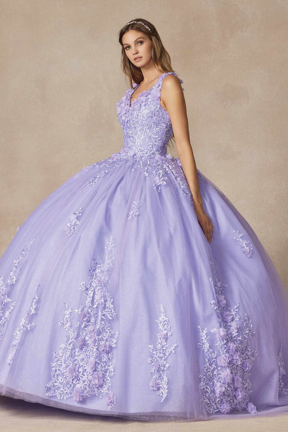 Juliet 1437 Floral Applique Quinceanera Ball Gown With 3D Flowers