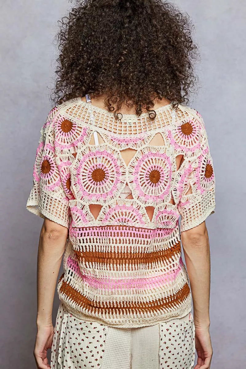 Weave Pattern Short Sleeve Crochet Top with Border Accents