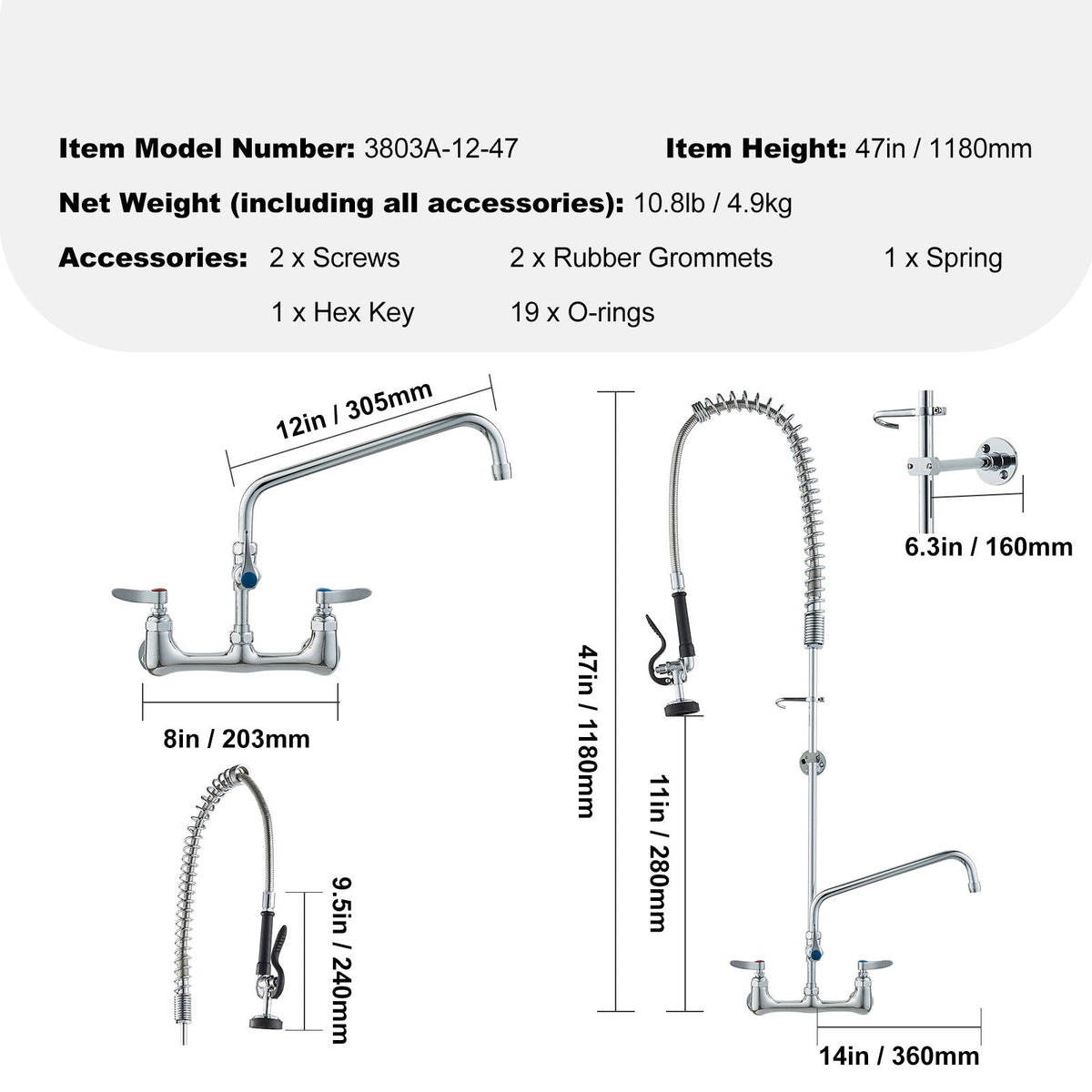 Commercial Faucet with Pre-Rinse Sprayer, 47' Height, 8' Center, 12' Swing Spout, Wall Mount Kitchen Sink Faucet, Brass Constructed Device with Pull Down Spray, for 1/2/3 Compartment Sink