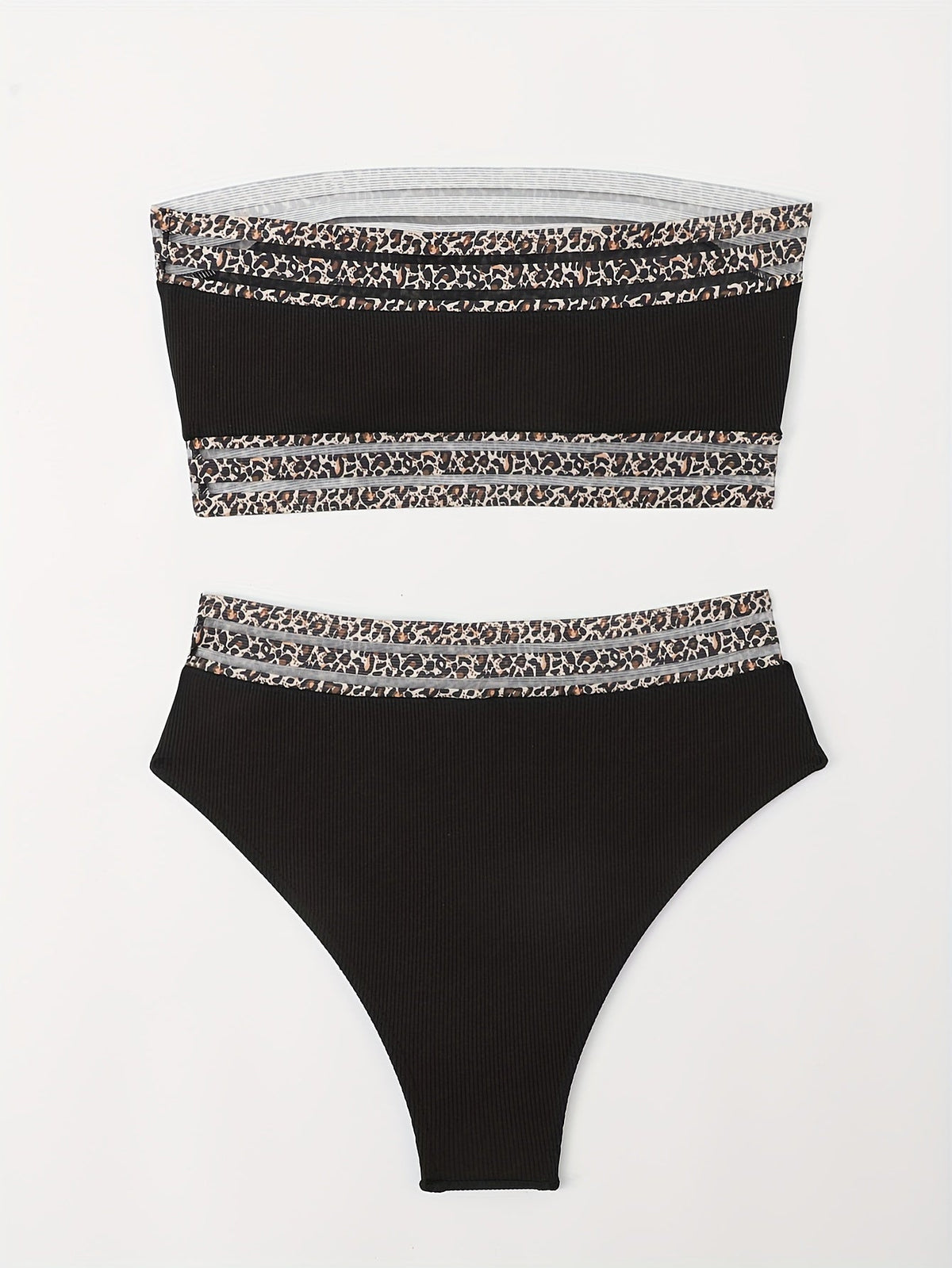 Bikini Leopard Print High Waist Bandeau 2 Piece Swimsuit for Women – Super Stretchy Bikini Set with Seductive Mesh Detail and Flattering Fit – Chic Animal Print Swimwear for Beachwear Poolside and Summer Vacations