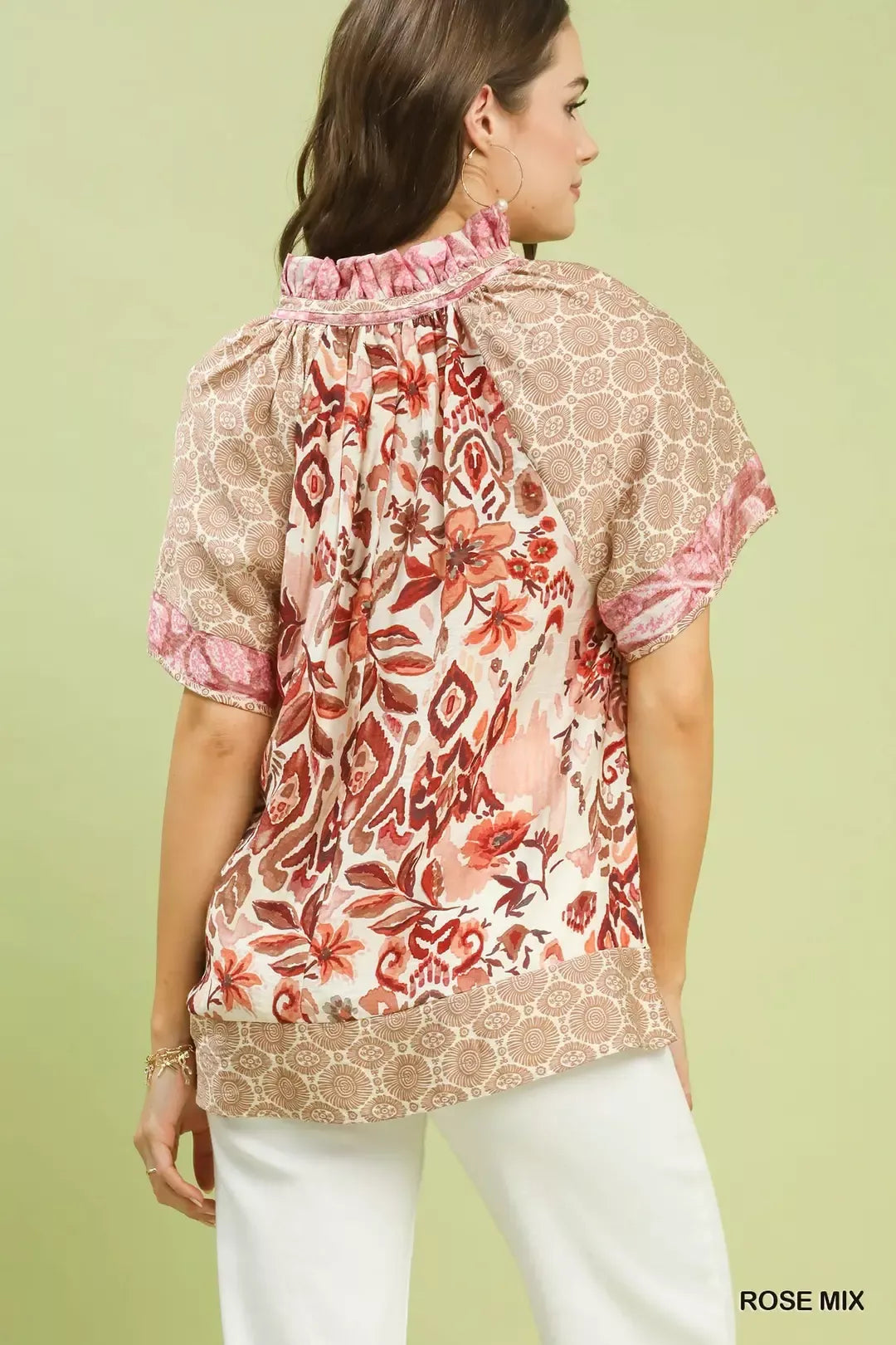 Umgee Mixed Print V-Neck Short Sleeve Top