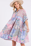 Pink Multicolor Floral Collared Neck Half Sleeve Mini Shirt Dress Feminine Floral Print Dress for Women
