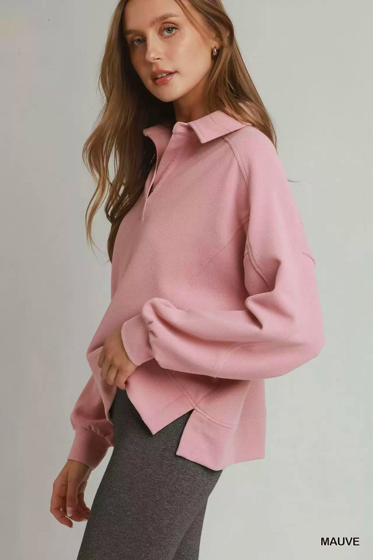 Umgee Brushed Waffle Polo Collared Pullover