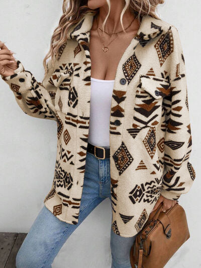 Girls Modern Geometric Button Up Dropped Shoulder Jacket Unique Retro Minimalist Outerwear