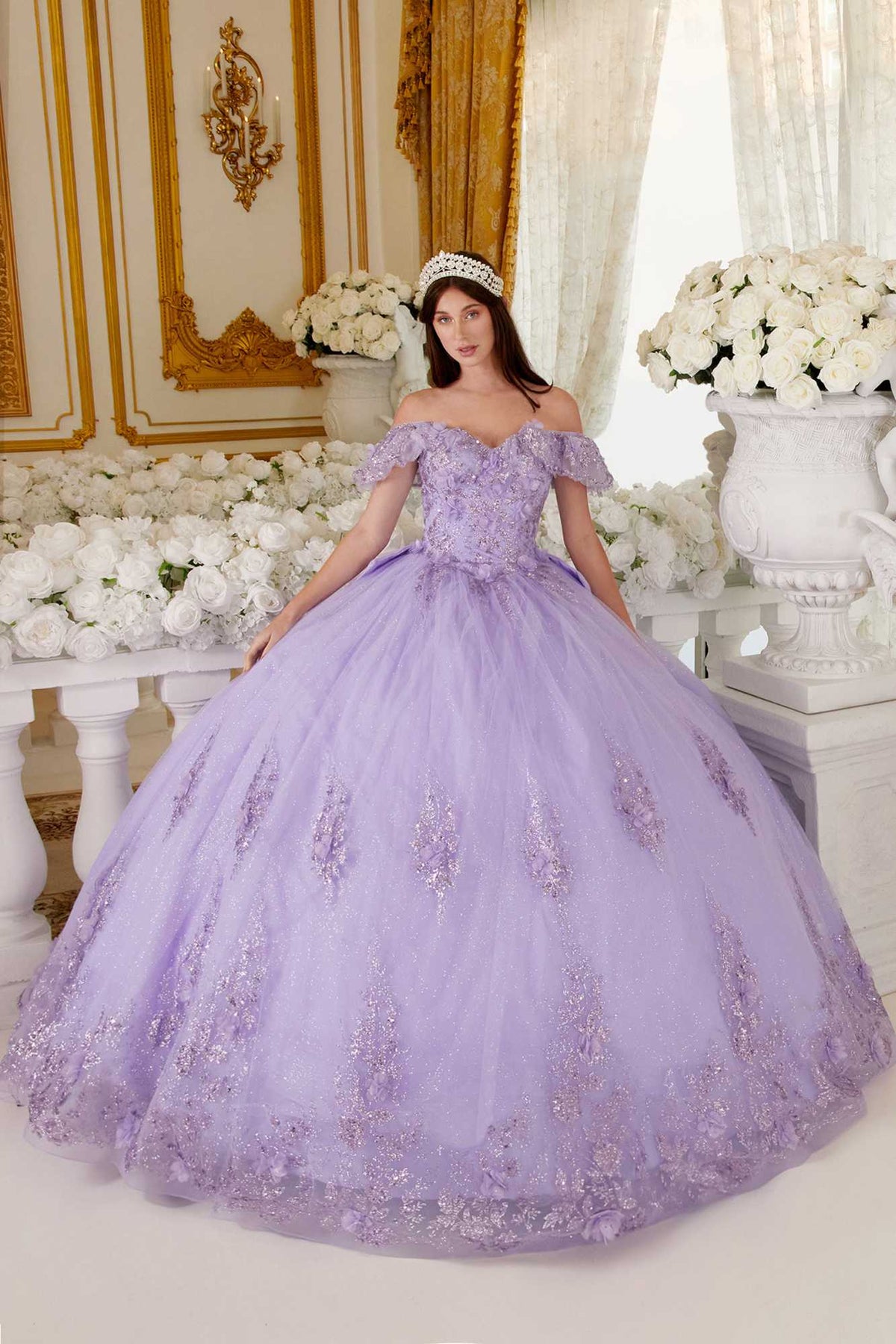 Ladivine 15701 Floral Off the Shoulder A-line Quince Ball Gown