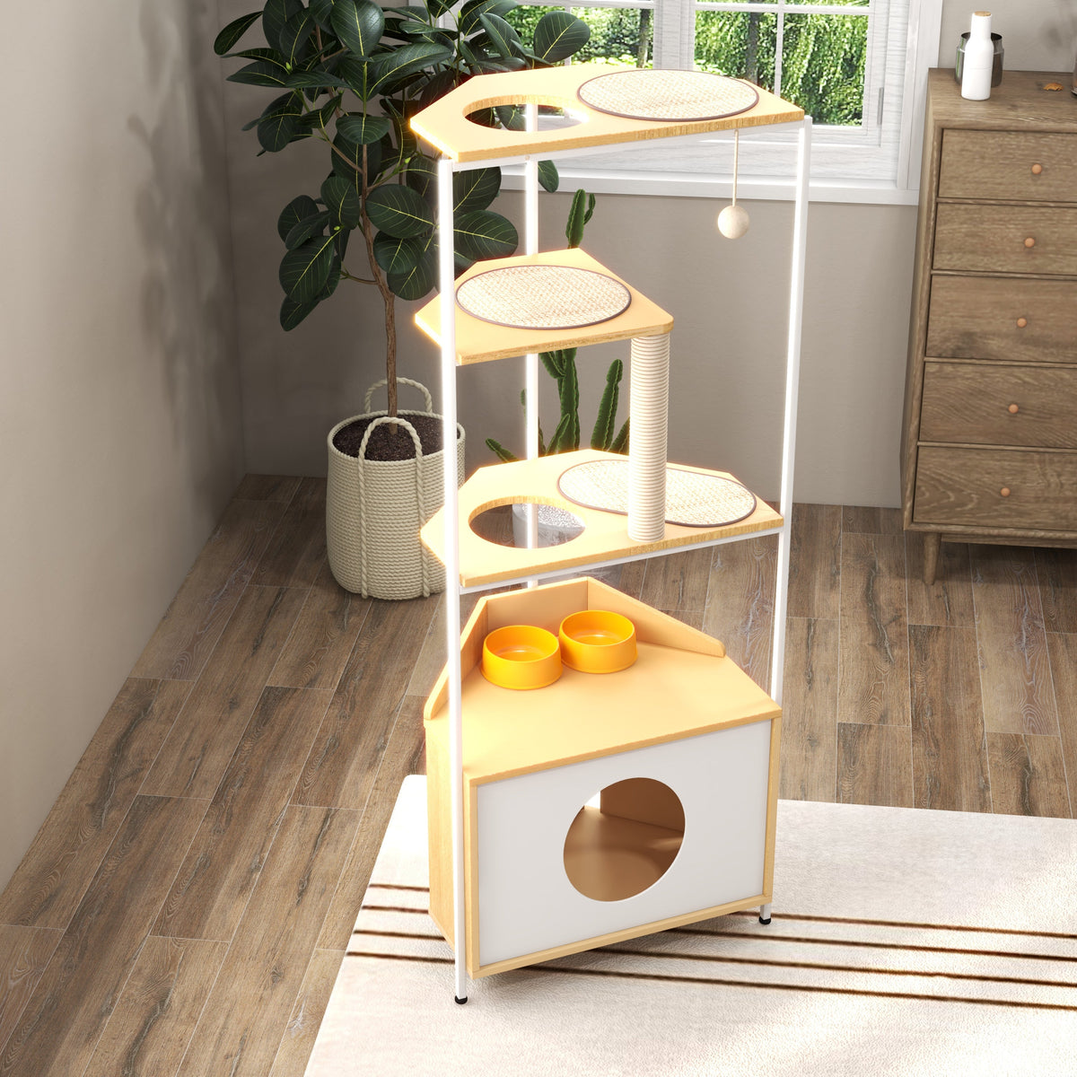 Modern Corner Cat Tower with Scratching Post, Cat Condo and Feeding Station, White and Light Oak Particle Board, 58.27-inch Height
