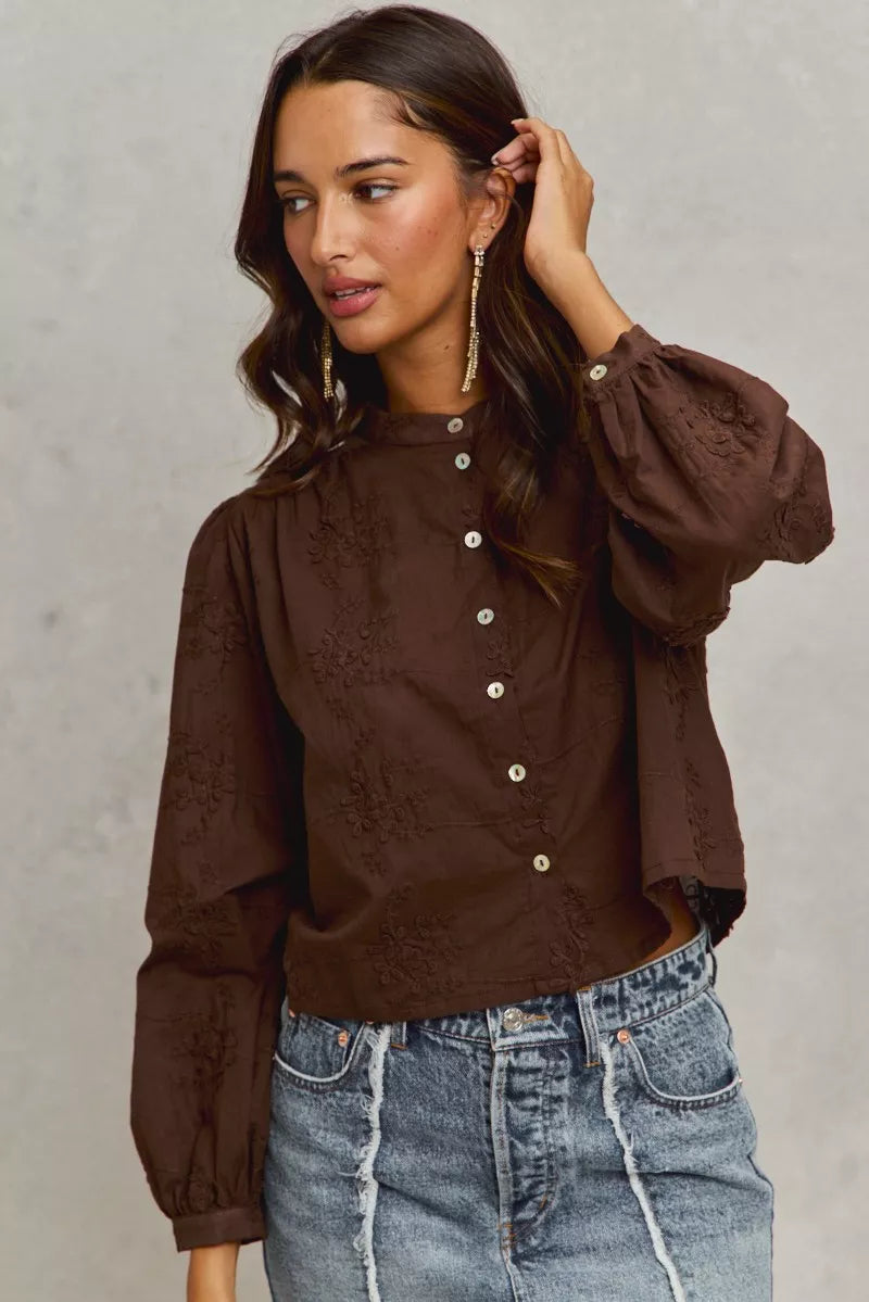 SO ME 3d Floral Woven Long Sleeve Front Button Shirt