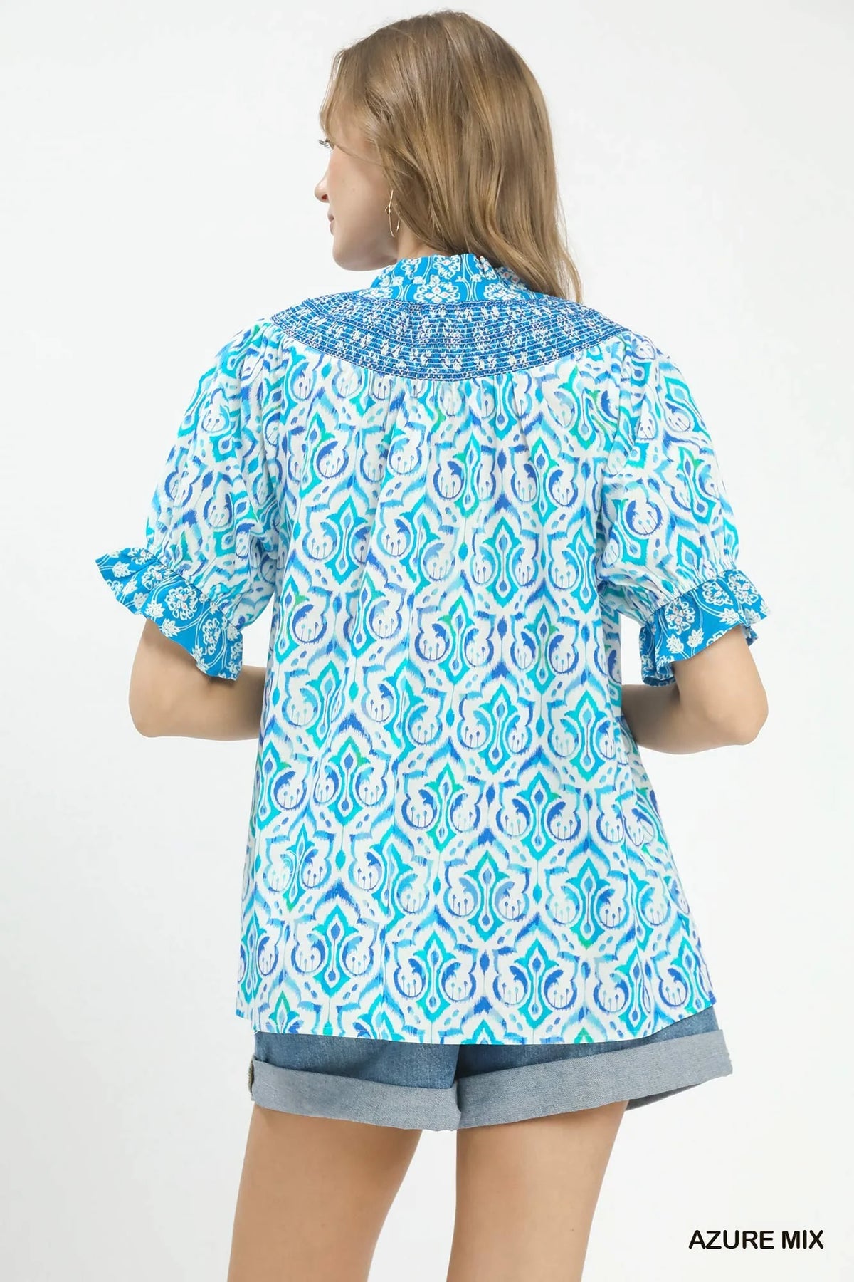 Umgee Mix Boho Puff Sleeve Smocked Top