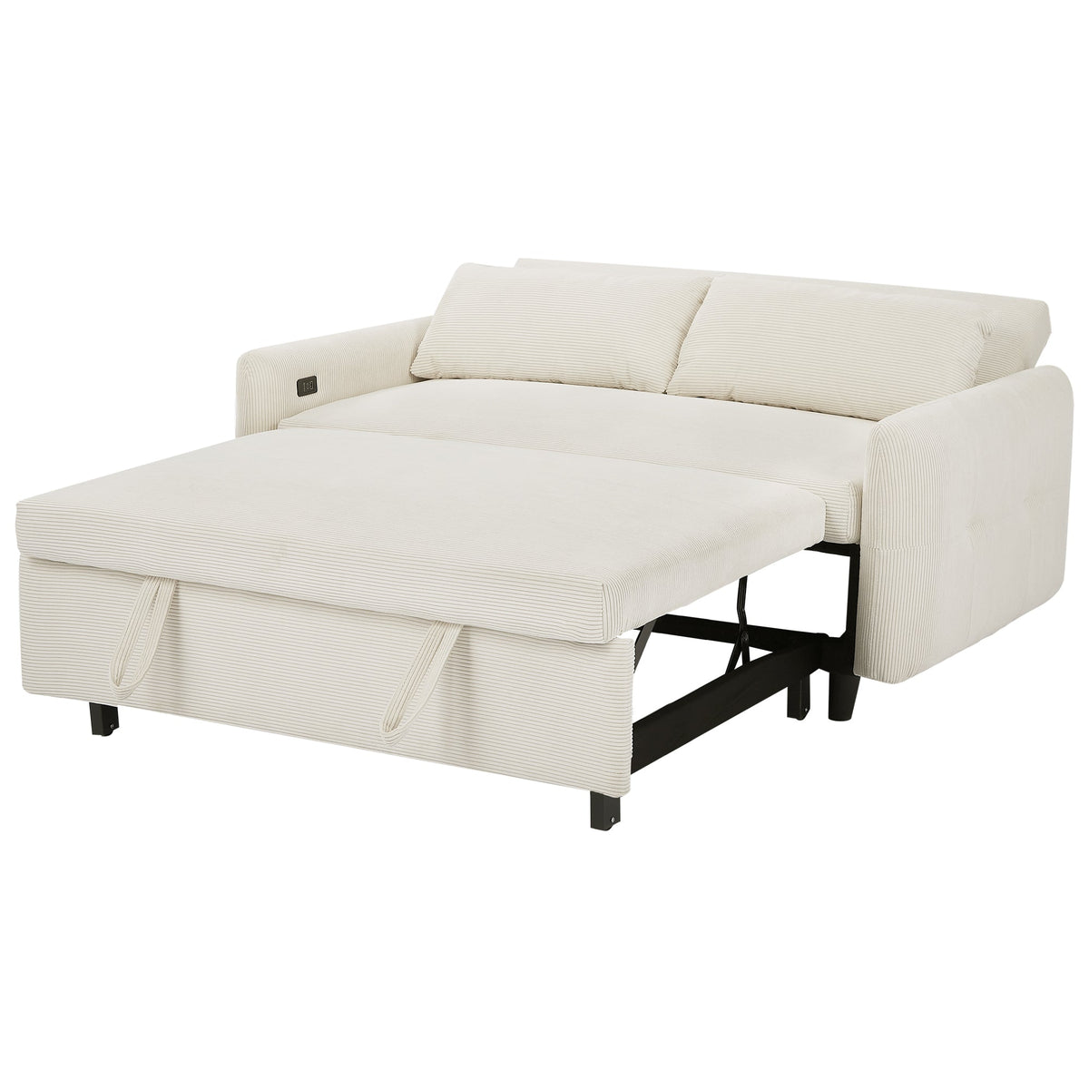 Modern Convertible Pull-out Sofa Bed with USB Ports and Pillows, Beige Corduroy, 57.48 inches