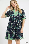 Umgee Floral Puff Sleeve Dress with Contrast Trim
