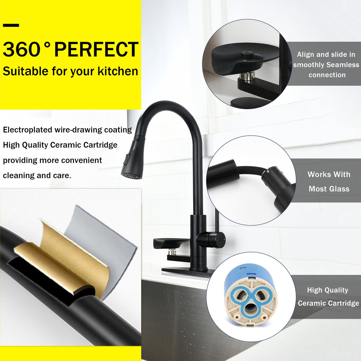 3-in-1 Matte Black Kitchen Faucet with LED Temperature Display, Press-Type Glass Rinser, Pull-Down Sprayer, 3 Spray Modes