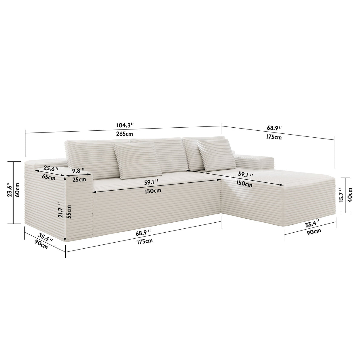 104.3*68.9'Modular sectional sofa seat,Upholstered compressed couch for living room,Bedroom,Apartment,No assembly required,2PC free combination,Plush corduroy fabric,WHTIE