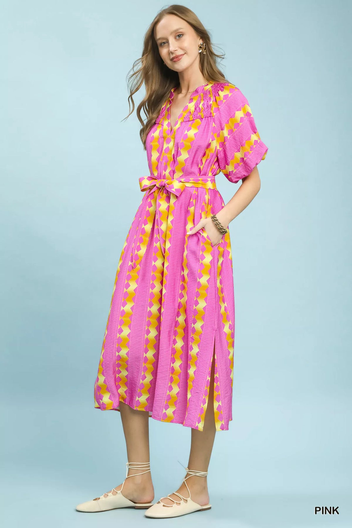 Umgee Geo Stripe Smocked Waist Tie Dress