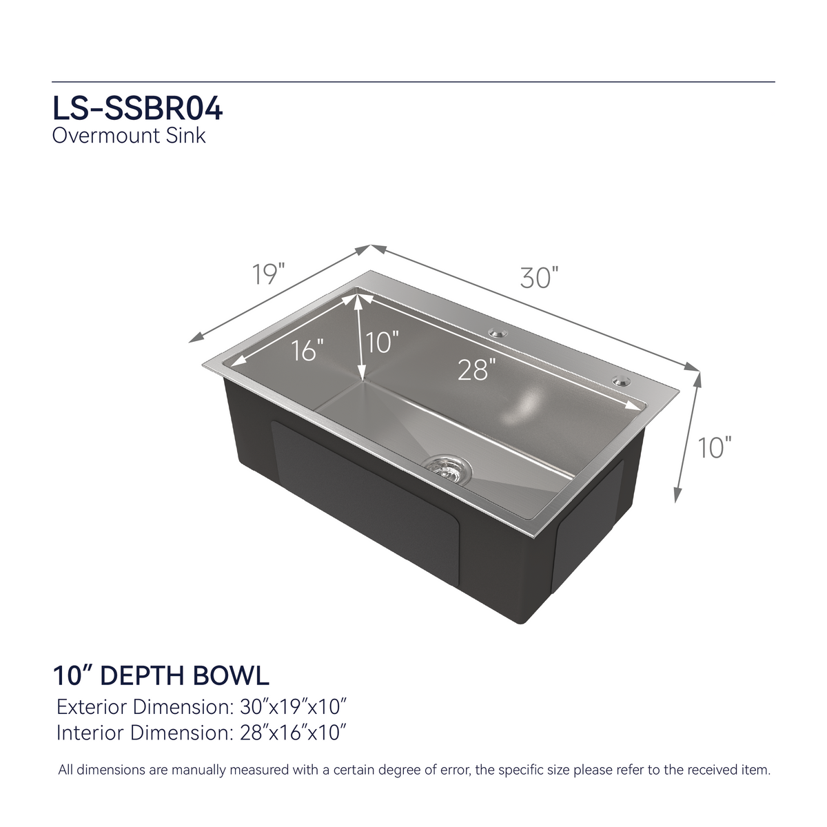 Stainless Steel Kitchen Sink, 30″x19″ Single Bowl, Overmount Handmade Sink in Brushed Nickel, with US Standard Drain and Hook, LS-SSBR04