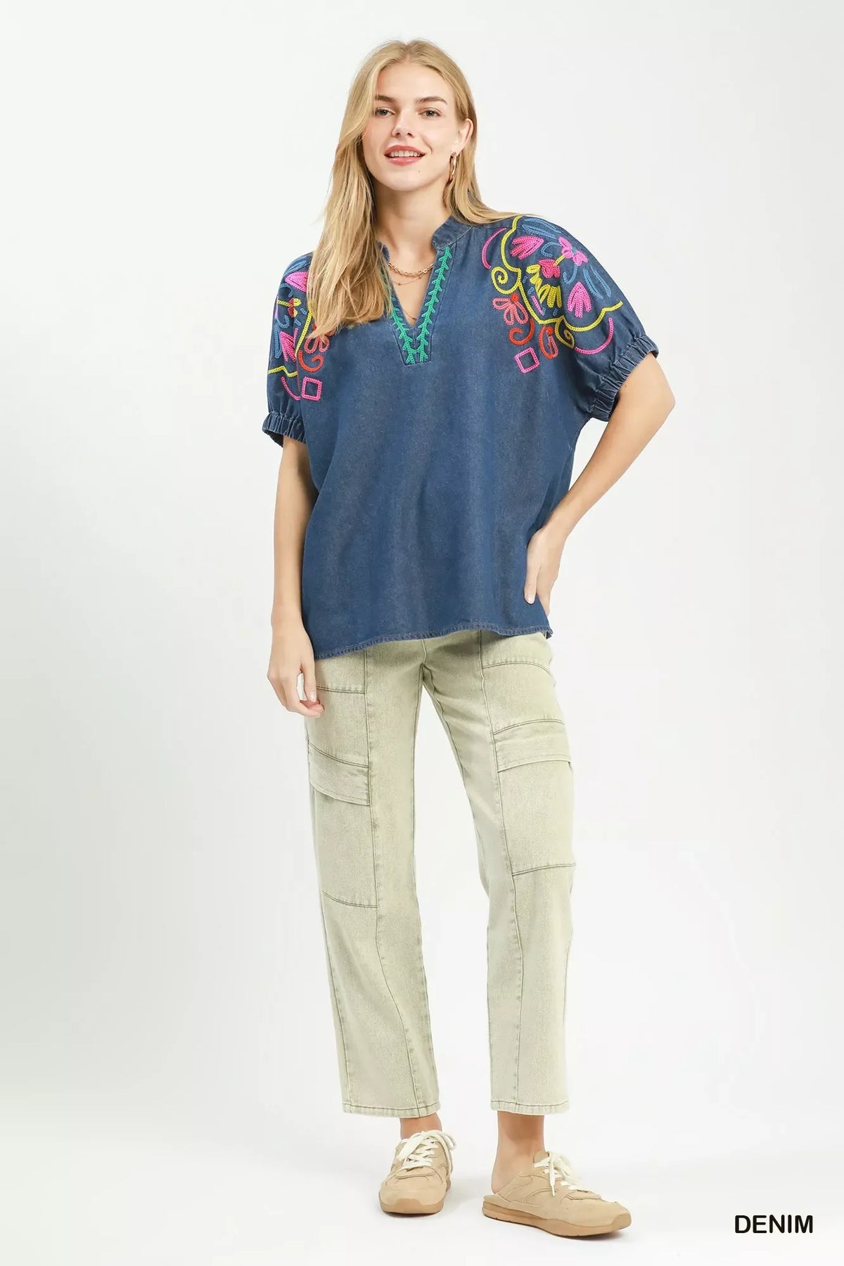 Umgee Embroidered Denim Puff Sleeve Top