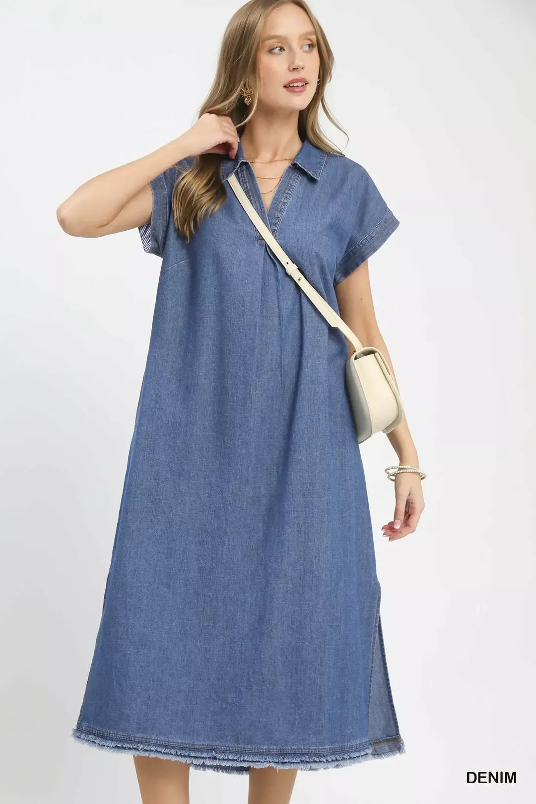 Umgee Stone Washed Collared Denim Midi Dress