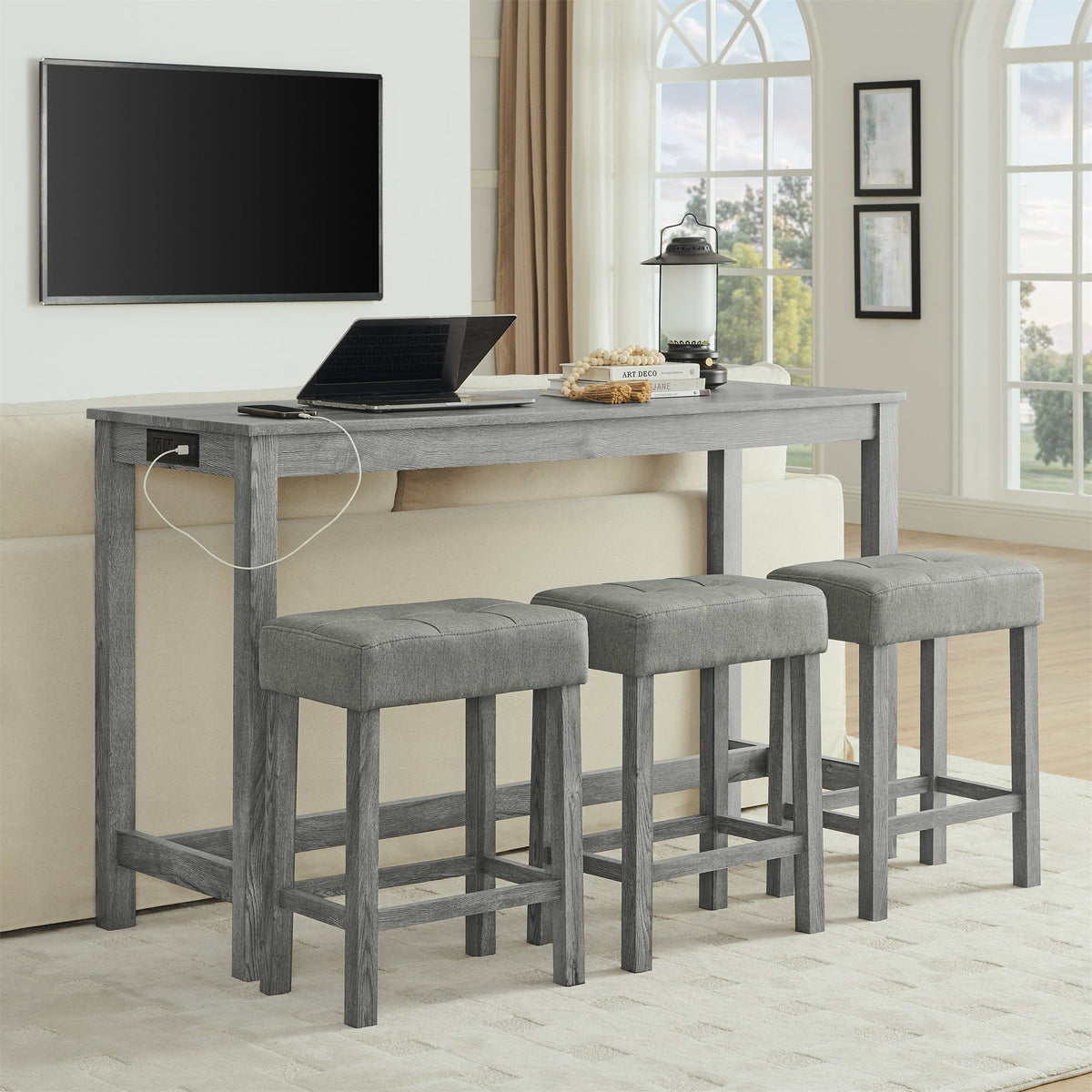 59 Inch Bar Table, Dining Table, Sofa Table with Power Outlet, 3 Upholstered Stools, 4 Piece Bar Table and Chair Set for Living Room, Dining Room, Kitchen