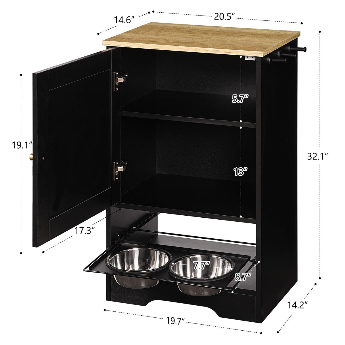 Feeding Station with 1 Storage Cabinets, Pet Feeding Station with 2 Elevated Dog Bowls, Side Hooks, Anti-tip Kit, Hidden Pet Feeder Station for Feeding & Watering, Black