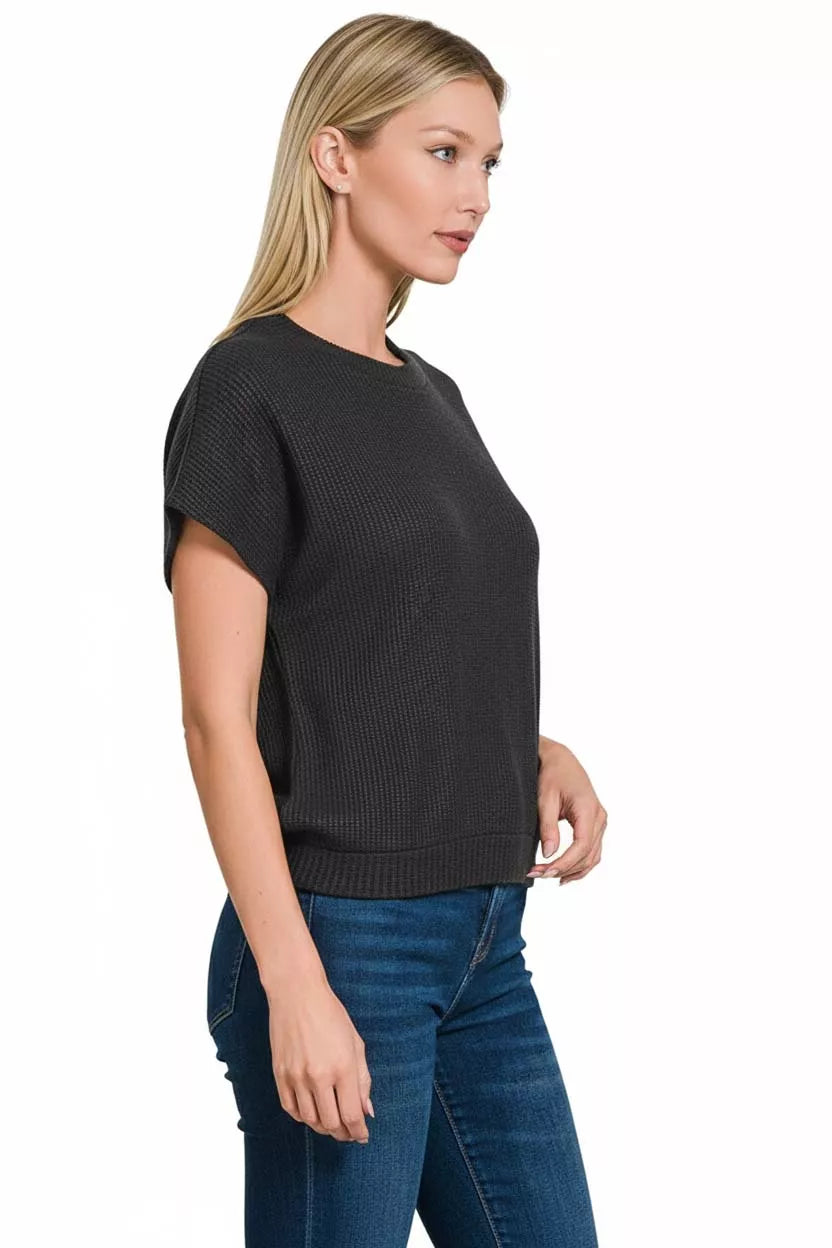 Zenana Round Neck Banded Botton Short Sleeve Sweater
