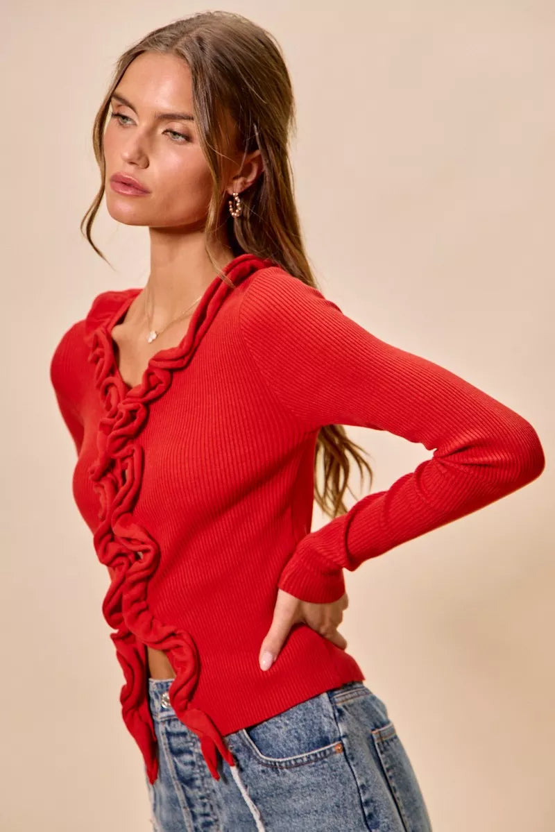 SO ME Cascade Ruffle Ribbed Sweater Cardgian