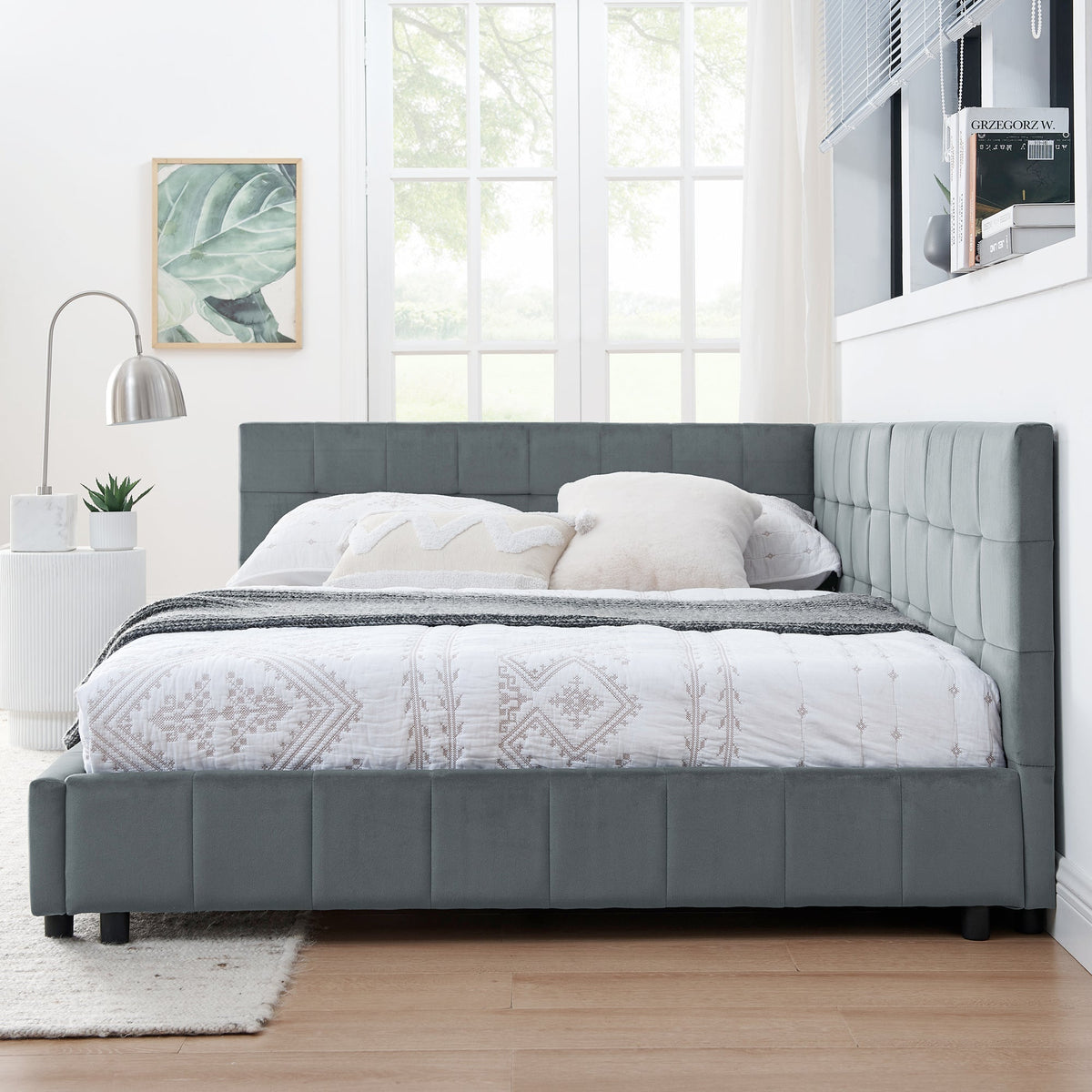 Velvet Grey Full Size Upholstered Tufted Bed Frame with Backrest and Armrests, 80.5''*59''*30.5''