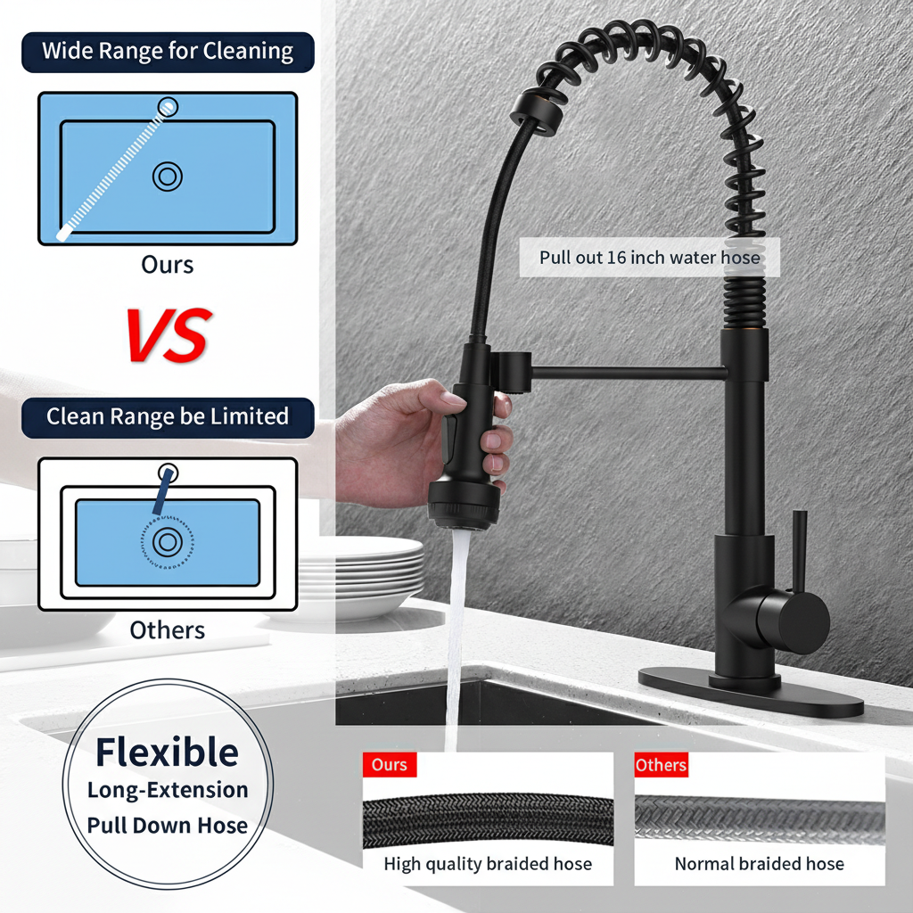 Kitchen Faucet with Pull Down Sprayer and 4 Spraying Modes Single Handle Commercial Spring Kitchen Sink Faucet Matte Black 1 or 3 Hole