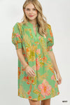 Umgee Botanical Print Dress with Smocked Cuffs