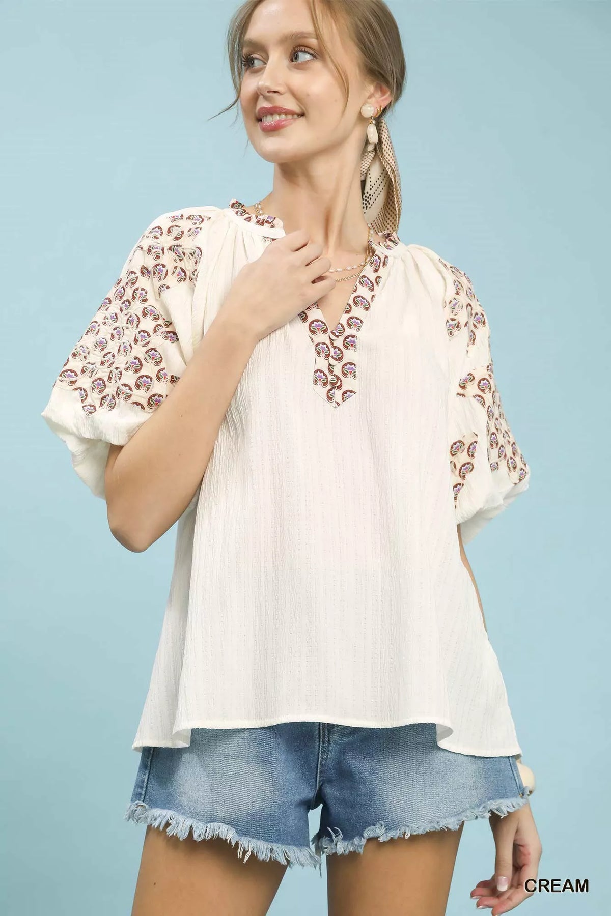 Umgee Embroidered Sleeve Contrast Trim Top
