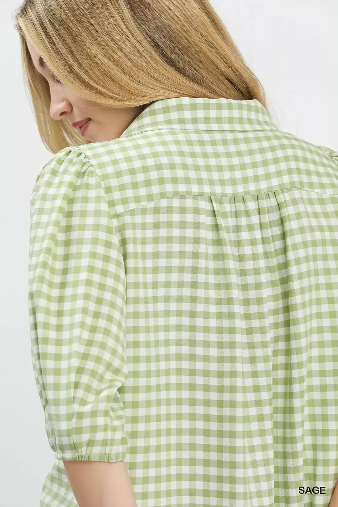 Umgee Gingham Puff Sleeve Collared Blouse