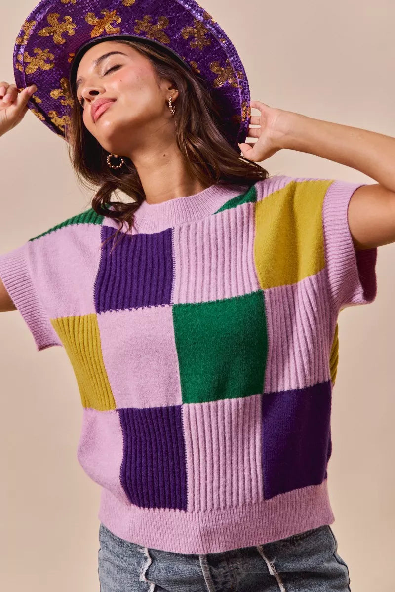 SO ME Mardi Gras Check Plaid Casual Sweater Top