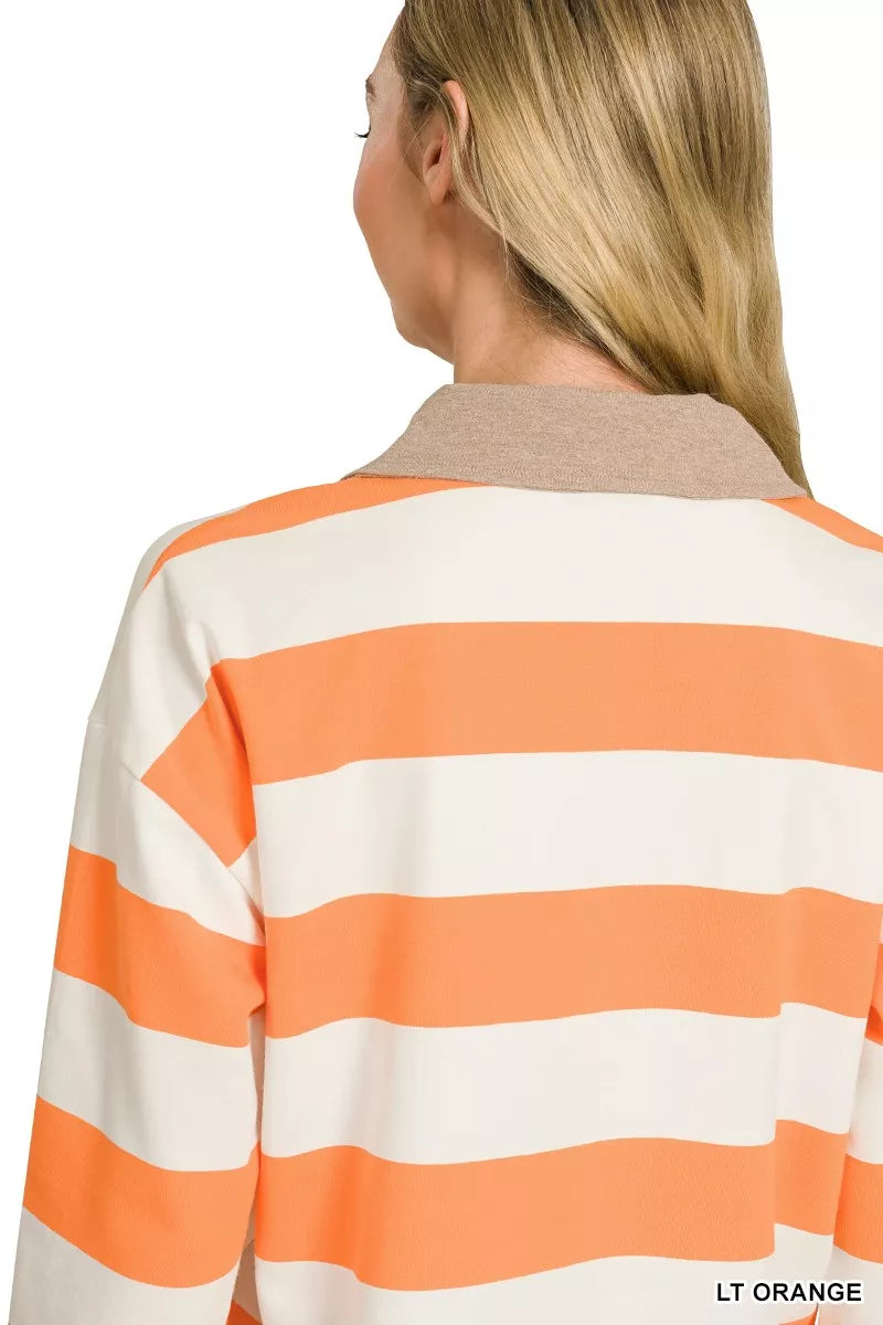 Zenana Striped Contrast Collar Polo Top