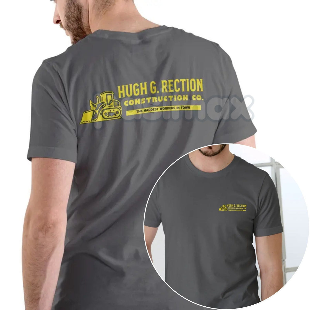 Hugh G Rection Construction Co. Funny T Shirt - Adult Humor Logo Design Tee, Unisex Cotton Black Tee for Men
