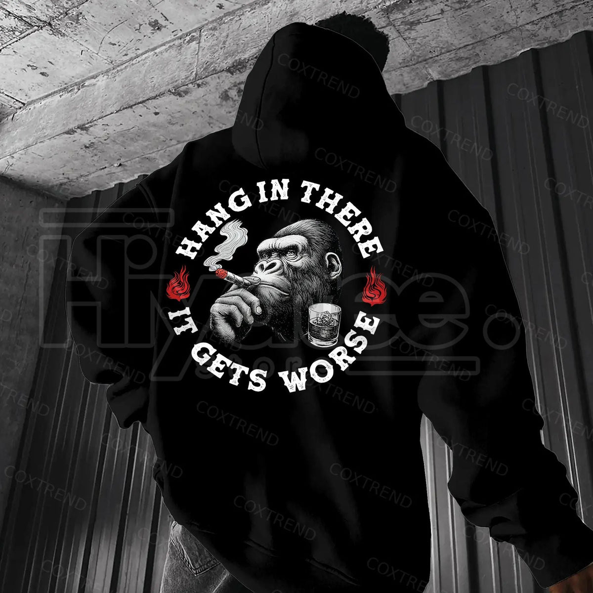 "Hang In There It Gets Worse" Monkey Print Hoodie